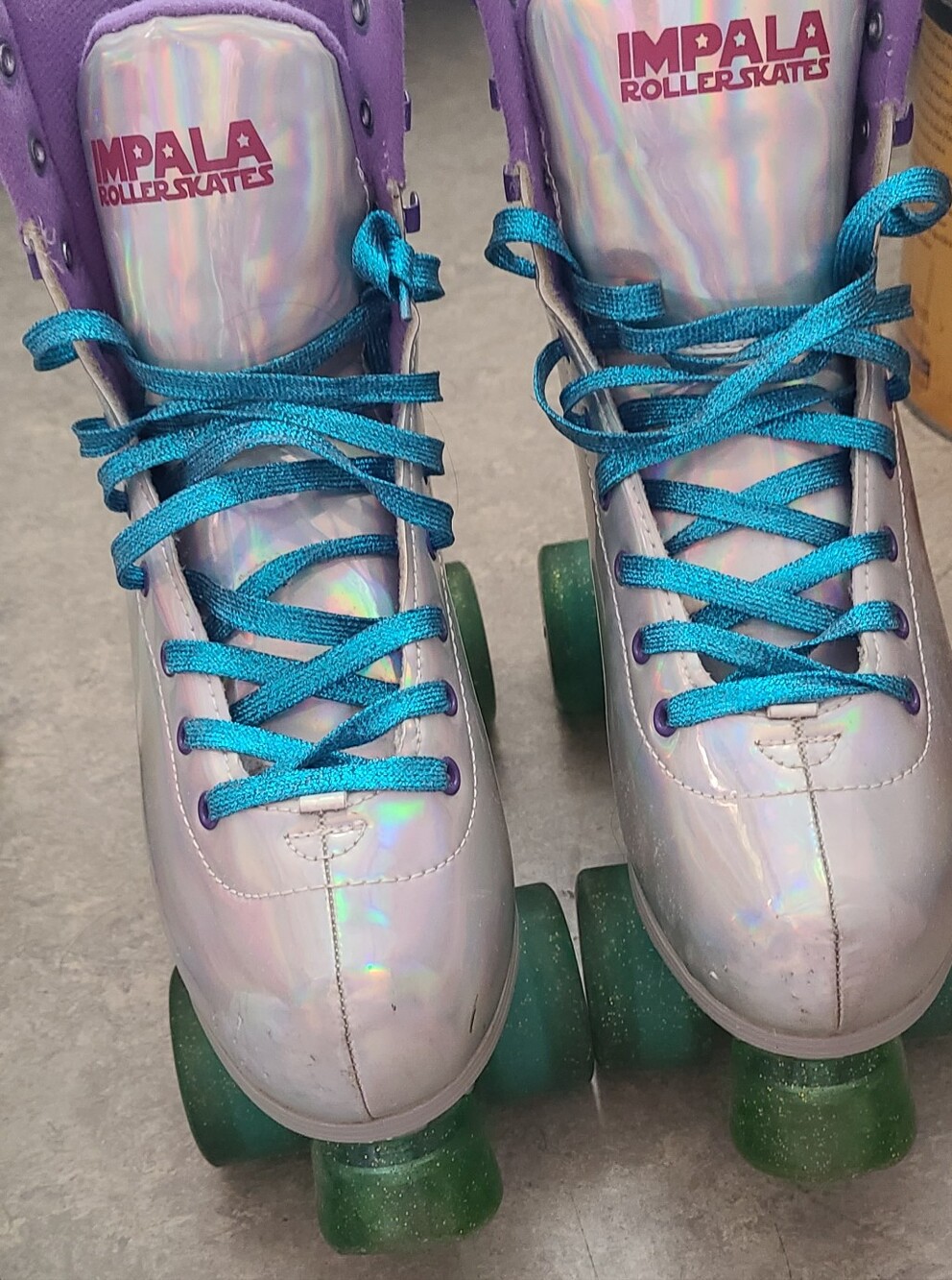 Ladies Holographic Purple Roller Skates with Teal Laces